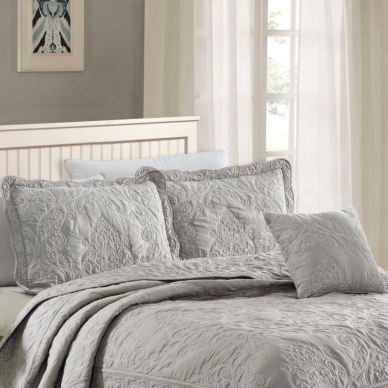 Home Soft Things Damask 4 Piece Bedspread Set, Scalloped Edge Reversible Coverlet Comforter Prewashed Bedding Set, Matelasse Embossed Floral Solid Pattern,Ash Gray Oversize King(120" x 120") - Image 2